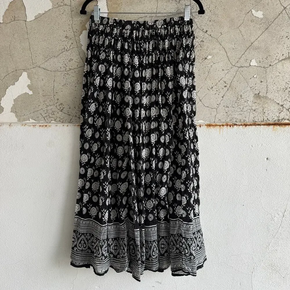 Vtg Midi Skirt Crinkle Cotton Black White‎ Block Print Bohemian Cottagecore OS